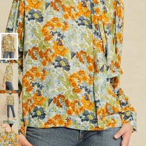 Amour Vert Blue and Orange Ruffled Mandarin Collar Blouse
